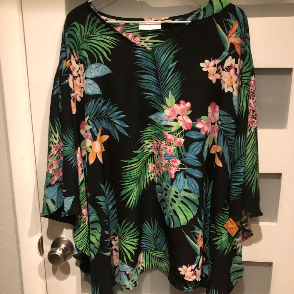 Belle by Kim Gravel Sheer Black Tropical Floral Women's Pullover Top